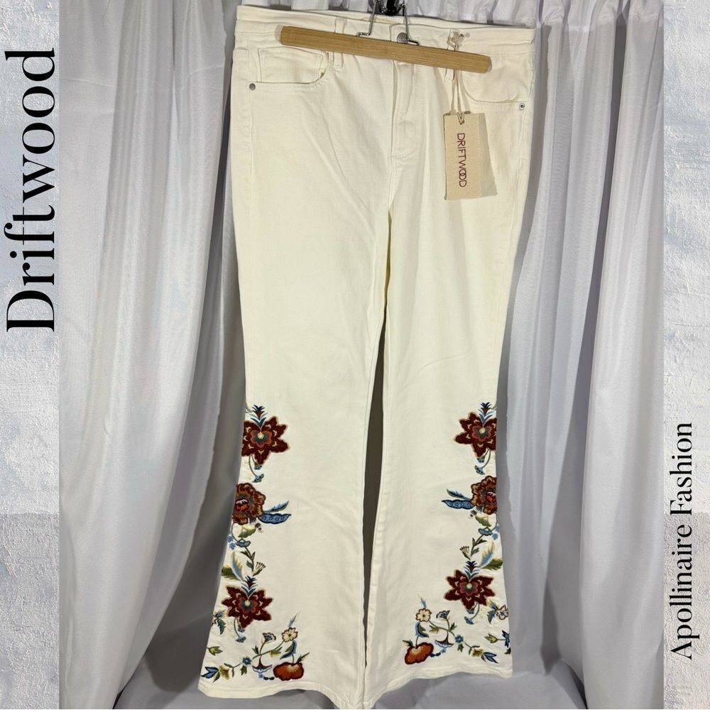 DRIFTWOOD FLORAL EMBROIDERED JEANS FLARED IN IVORY NET SIZE 32